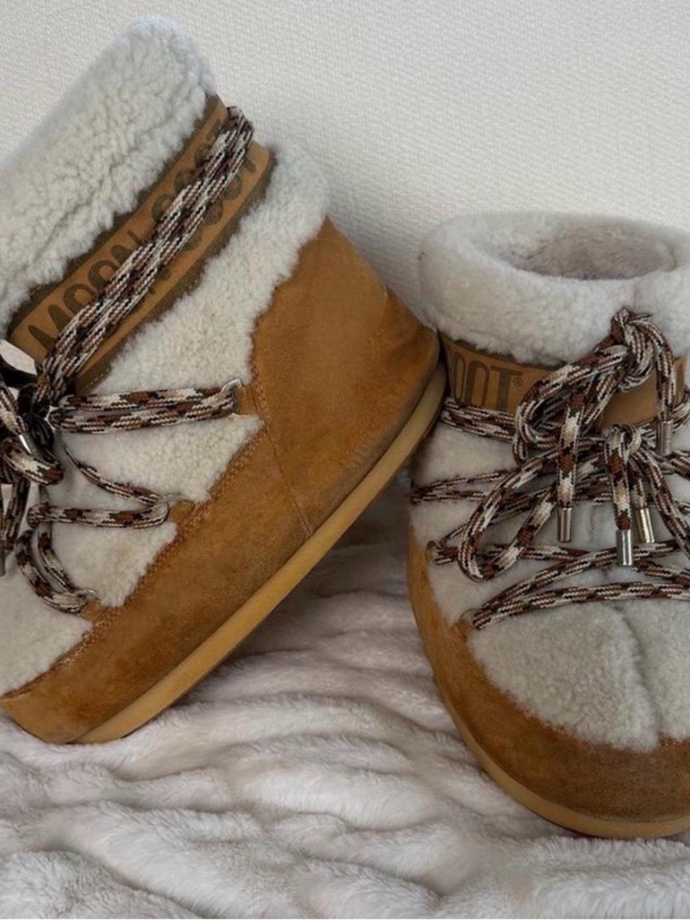 Moon Boot Women's Suede and Shearling Lace-Up Boot in Tan and Cream